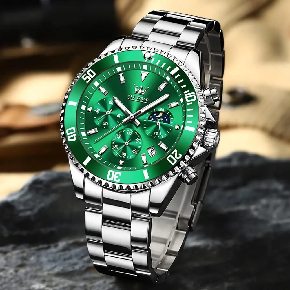 OLEVS Men Watch,Big Dial Watches for Men Stainless Steel Watch with Day Waterproof Analog Quartz Watches for Man Classic Business Wristwatch Luxury Luminous Round for Men Rotatable Bezel Watch