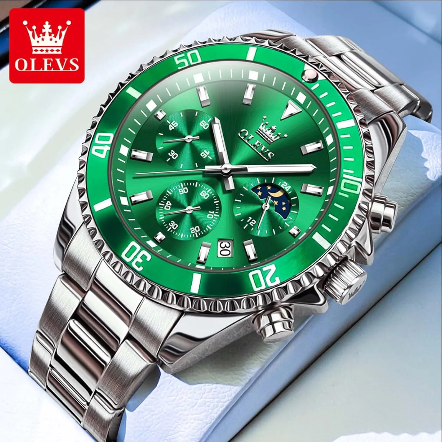 OLEVS Men Watch,Big Dial Watches for Men Stainless Steel Watch with Day Waterproof Analog Quartz Watches for Man Classic Business Wristwatch Luxury Luminous Round for Men Rotatable Bezel Watch