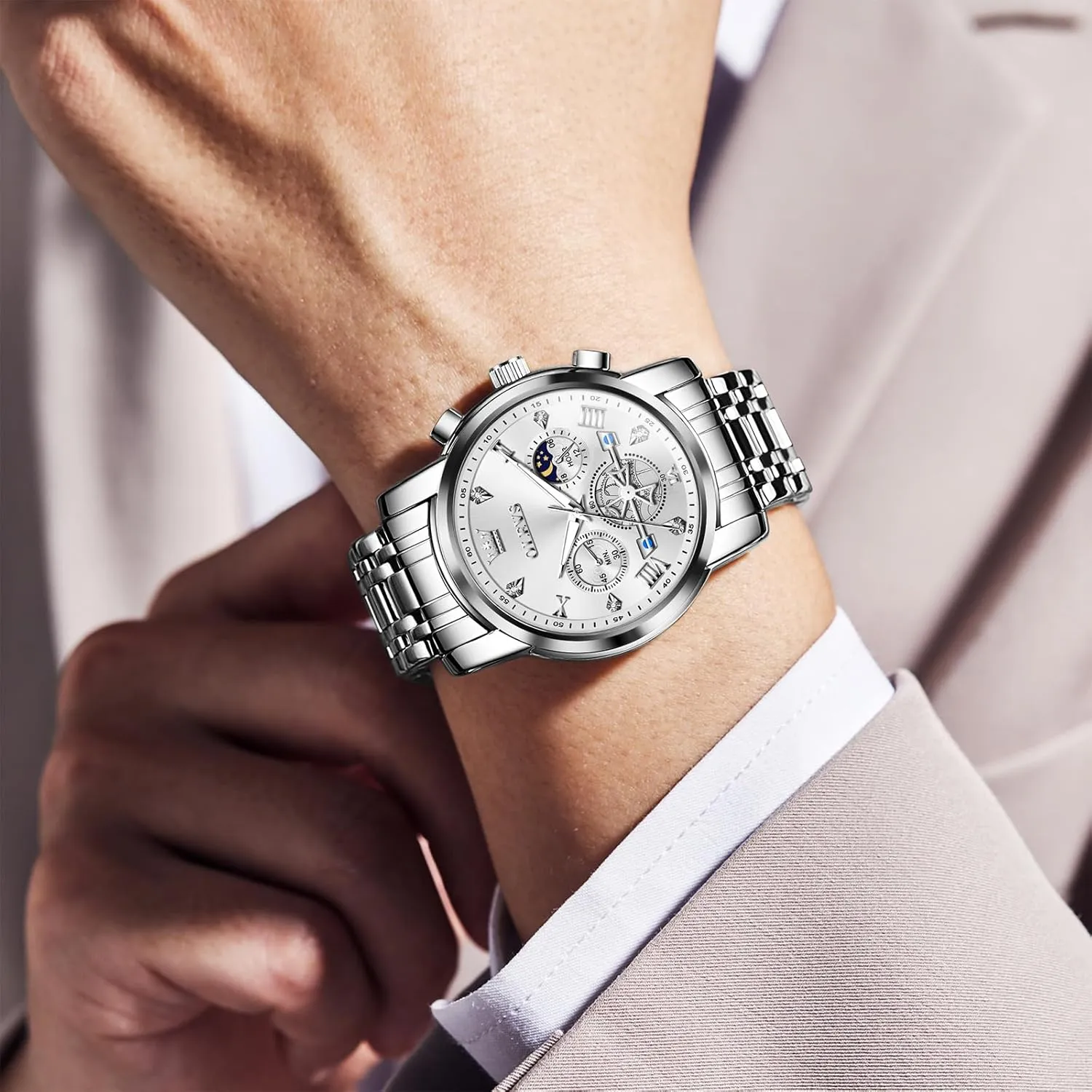OLEVS Men Watches Stainless Steel Chronograph Watch, Large Wrist Analog Quartz Watch, Fashion Waterproof Diamond Roman Numerals Dress Watches for Men, Gold/Black/White/Blue/Grey Dial