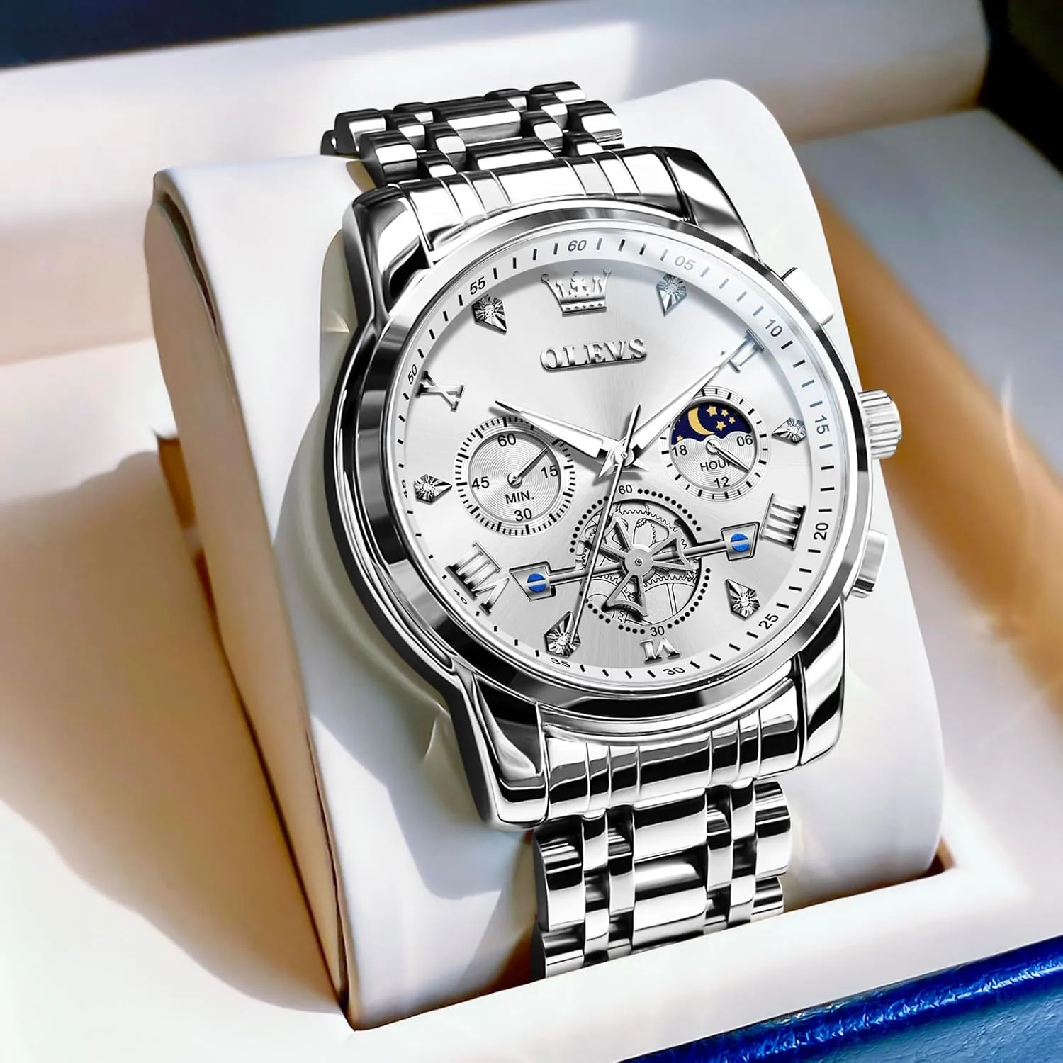 OLEVS Men Watches Stainless Steel Chronograph Watch, Large Wrist Analog Quartz Watch, Fashion Waterproof Diamond Roman Numerals Dress Watches for Men, Gold/Black/White/Blue/Grey Dial