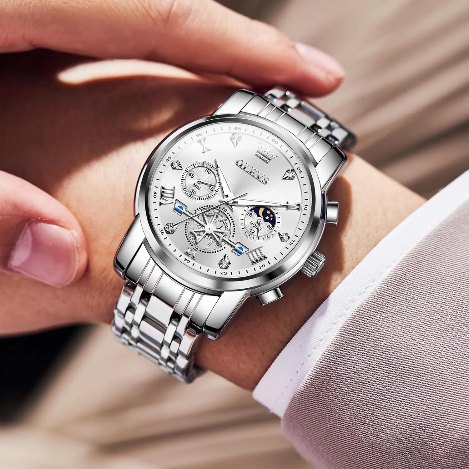 OLEVS Men Watches Stainless Steel Chronograph Watch, Large Wrist Analog Quartz Watch, Fashion Waterproof Diamond Roman Numerals Dress Watches for Men, Gold/Black/White/Blue/Grey Dial