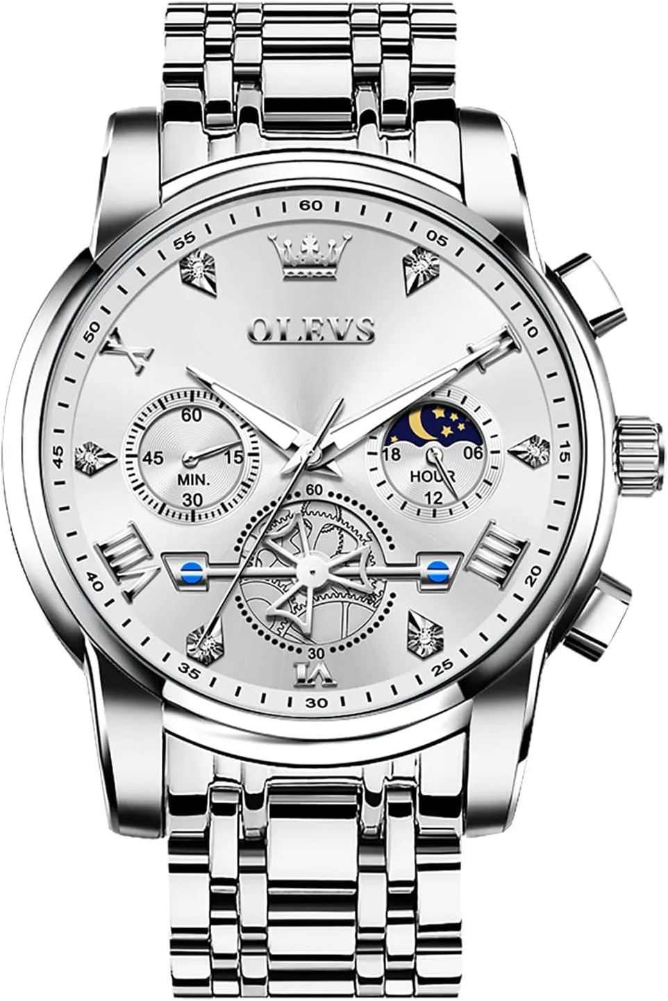 OLEVS Men Watches Stainless Steel Chronograph Watch, Large Wrist Analog Quartz Watch, Fashion Waterproof Diamond Roman Numerals Dress Watches for Men, Gold/Black/White/Blue/Grey Dial
