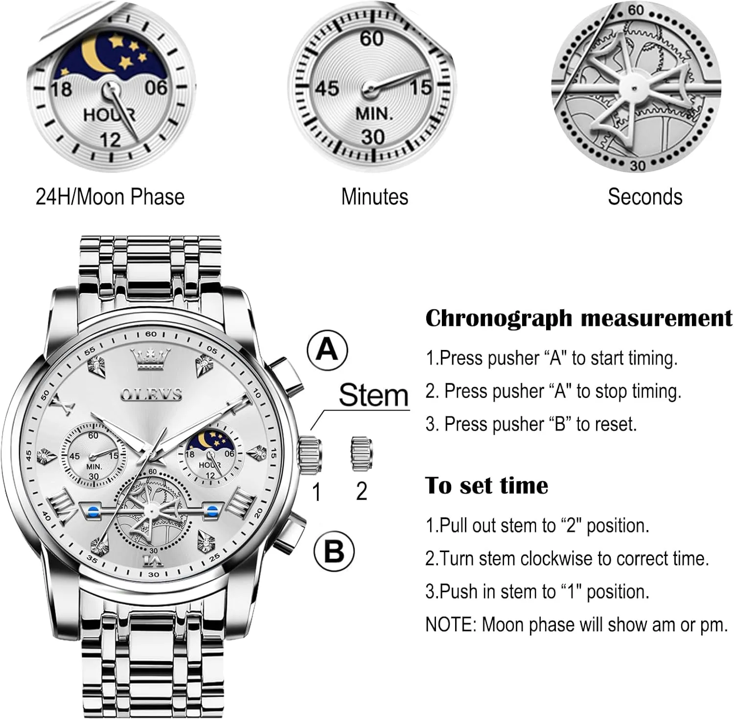 OLEVS Men Watches Stainless Steel Chronograph Watch, Large Wrist Analog Quartz Watch, Fashion Waterproof Diamond Roman Numerals Dress Watches for Men, Gold/Black/White/Blue/Grey Dial