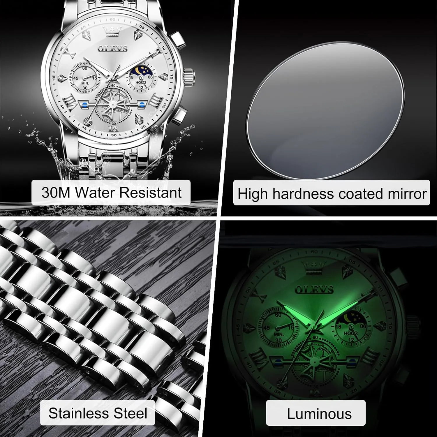 OLEVS Men Watches Stainless Steel Chronograph Watch, Large Wrist Analog Quartz Watch, Fashion Waterproof Diamond Roman Numerals Dress Watches for Men, Gold/Black/White/Blue/Grey Dial