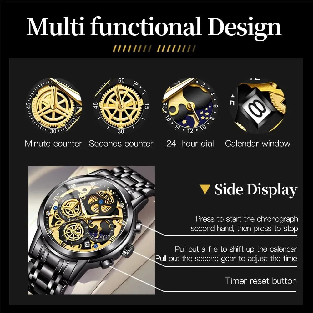 OLEVS Mens Watch Chronograph Luxury Diamond Dress Business Analog Quartz Wrist Watches Stainless Steel Waterproof Luminous