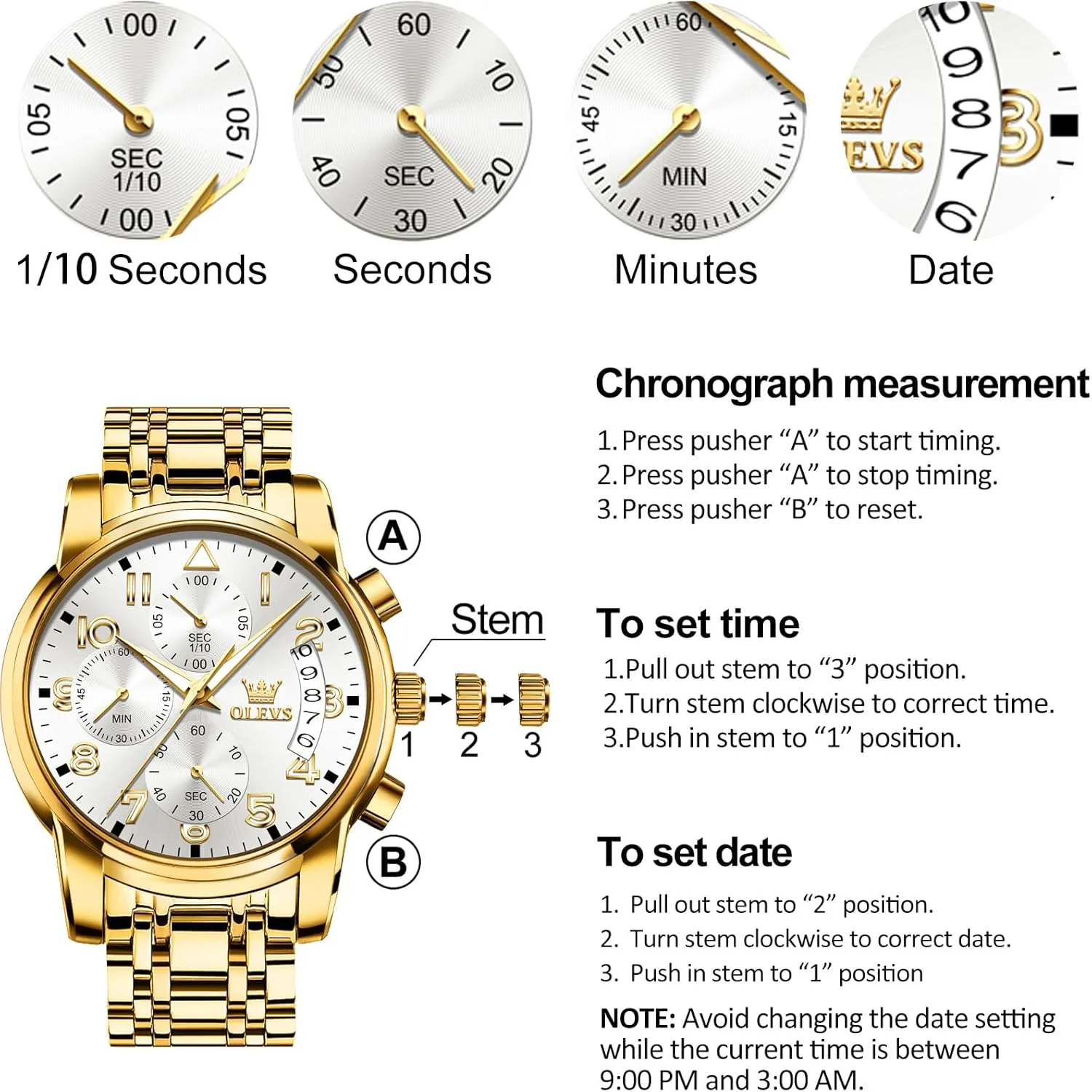 OLEVS Men's Watch, Multifunction Stainless Steel Mens Chronograph Watch with Date, Easy to Read Diamonds Arabic Numerals Dress Watches for Men, Classic Waterproof Luminous Analog Quartz Male Watch