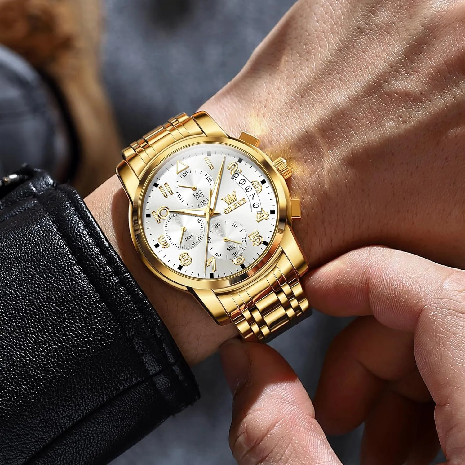OLEVS Men's Watch, Multifunction Stainless Steel Mens Chronograph Watch with Date, Easy to Read Diamonds Arabic Numerals Dress Watches for Men, Classic Waterproof Luminous Analog Quartz Male Watch