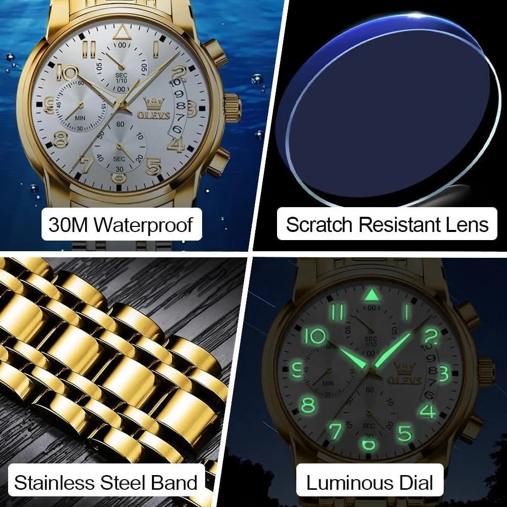 OLEVS Men's Watch, Multifunction Stainless Steel Mens Chronograph Watch with Date, Easy to Read Diamonds Arabic Numerals Dress Watches for Men, Classic Waterproof Luminous Analog Quartz Male Watch
