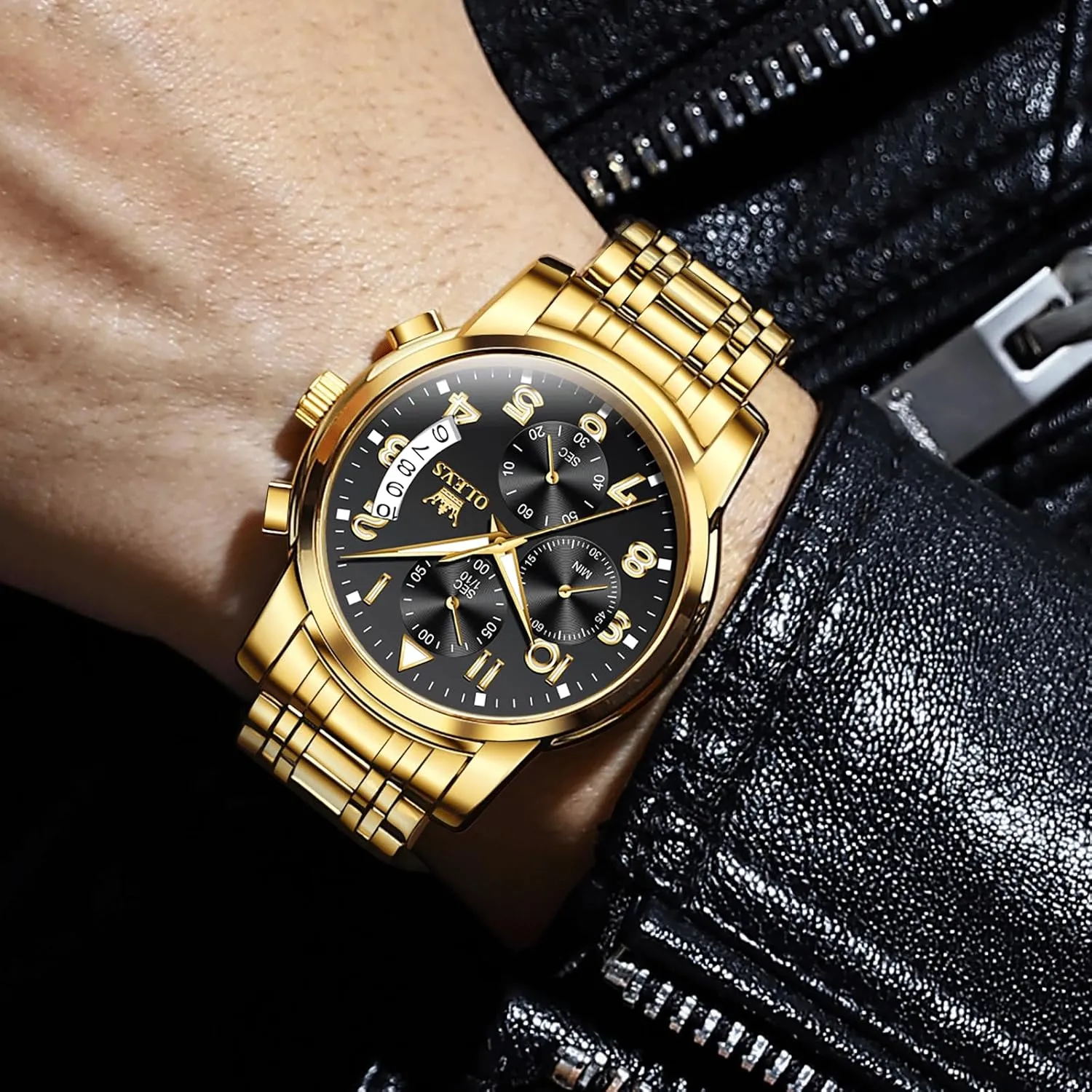 OLEVS Men's Watch, Multifunction Stainless Steel Mens Chronograph Watch with Date, Easy to Read Diamonds Arabic Numerals Dress Watches for Men, Classic Waterproof Luminous Analog Quartz Male Watch
