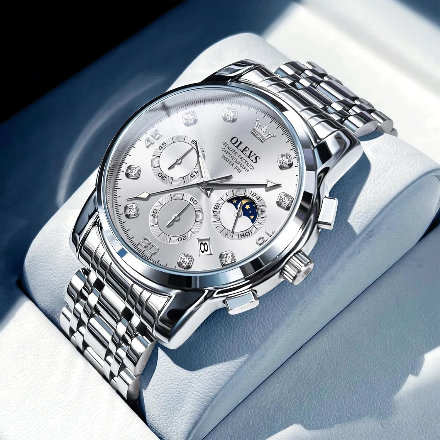 OLEVS Men's Watch, Multifunction Stainless Steel Mens Chronograph Watch with Date, Easy to Read Diamonds Arabic Numerals Dress Watches for Men, Classic Waterproof Luminous Analog Quartz Male Watch
