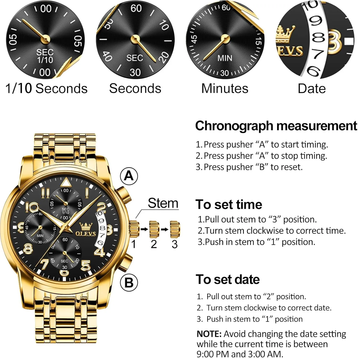 OLEVS Men's Watch, Multifunction Stainless Steel Mens Chronograph Watch with Date, Easy to Read Diamonds Arabic Numerals Dress Watches for Men, Classic Waterproof Luminous Analog Quartz Male Watch