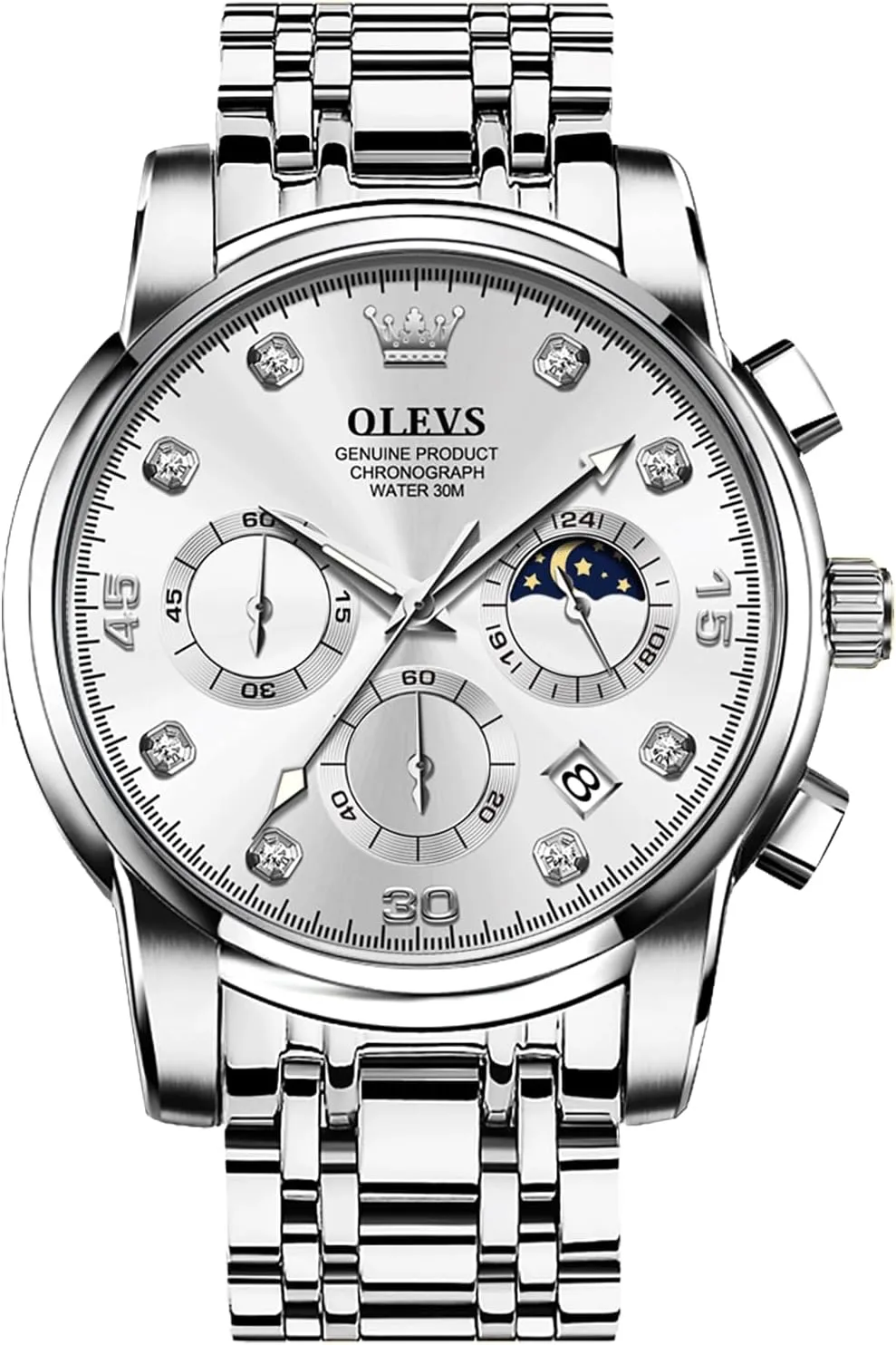 OLEVS Men's Watch, Multifunction Stainless Steel Mens Chronograph Watch with Date, Easy to Read Diamonds Arabic Numerals Dress Watches for Men, Classic Waterproof Luminous Analog Quartz Male Watch