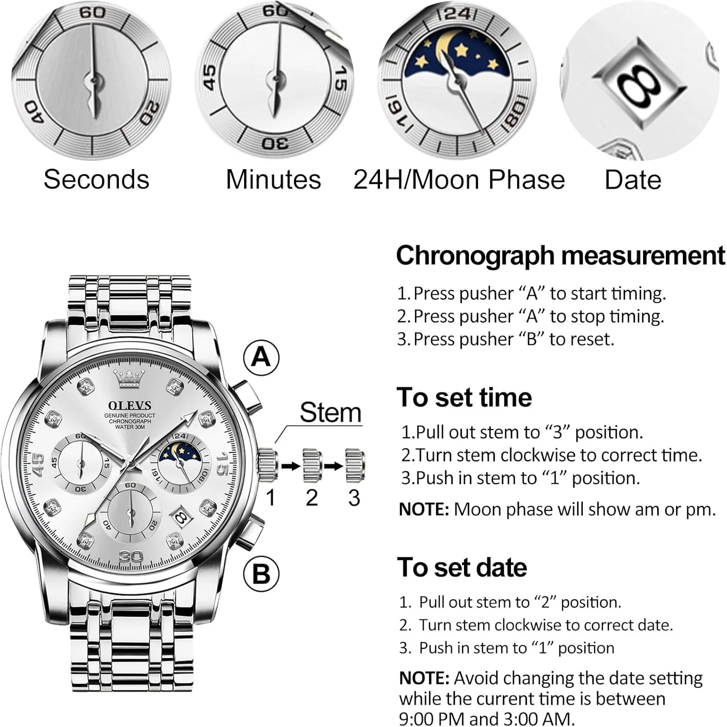 OLEVS Men's Watch, Multifunction Stainless Steel Mens Chronograph Watch with Date, Easy to Read Diamonds Arabic Numerals Dress Watches for Men, Classic Waterproof Luminous Analog Quartz Male Watch