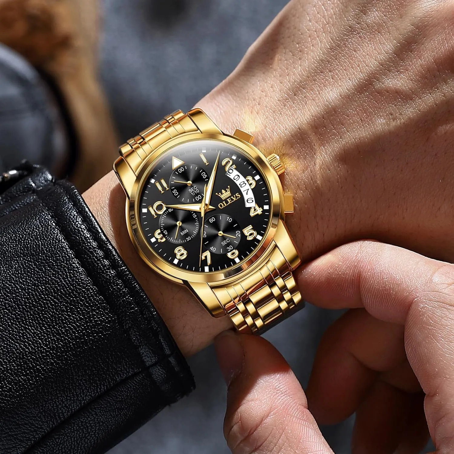 OLEVS Men's Watch, Multifunction Stainless Steel Mens Chronograph Watch with Date, Easy to Read Diamonds Arabic Numerals Dress Watches for Men, Classic Waterproof Luminous Analog Quartz Male Watch