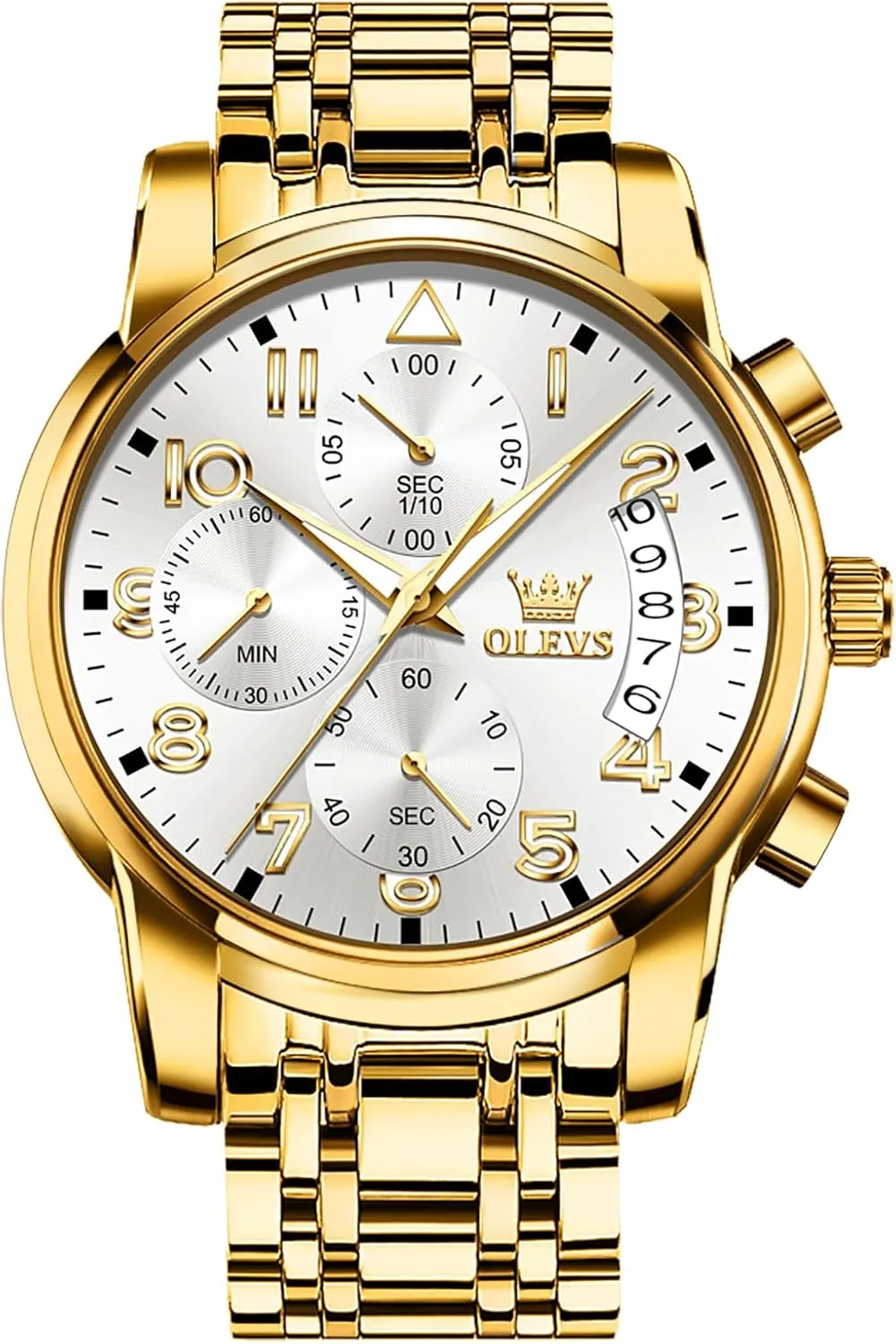 OLEVS Men's Watch, Multifunction Stainless Steel Mens Chronograph Watch with Date, Easy to Read Diamonds Arabic Numerals Dress Watches for Men, Classic Waterproof Luminous Analog Quartz Male Watch