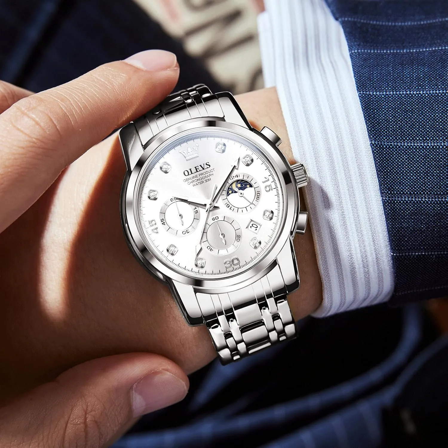 OLEVS Men's Watch, Multifunction Stainless Steel Mens Chronograph Watch with Date, Easy to Read Diamonds Arabic Numerals Dress Watches for Men, Classic Waterproof Luminous Analog Quartz Male Watch