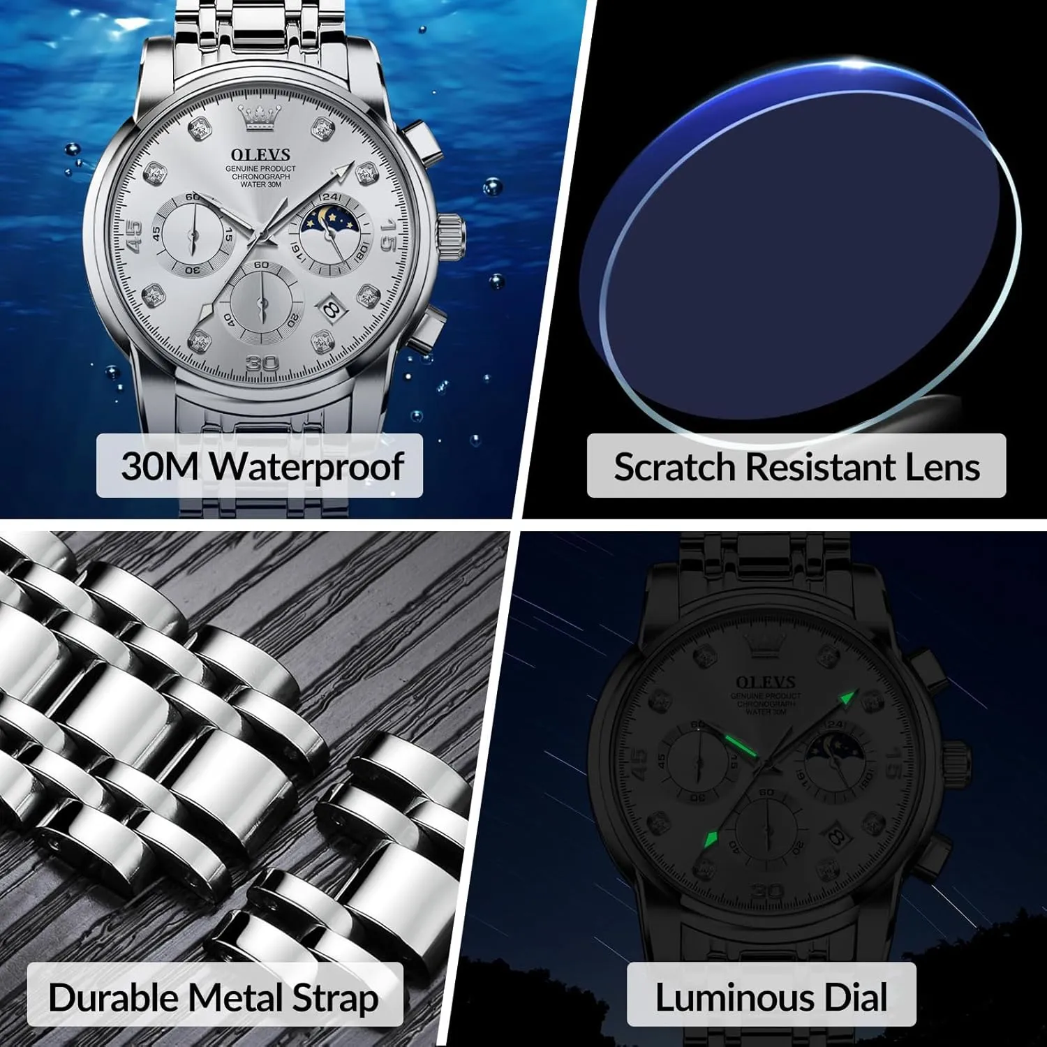 OLEVS Men's Watch, Multifunction Stainless Steel Mens Chronograph Watch with Date, Easy to Read Diamonds Arabic Numerals Dress Watches for Men, Classic Waterproof Luminous Analog Quartz Male Watch
