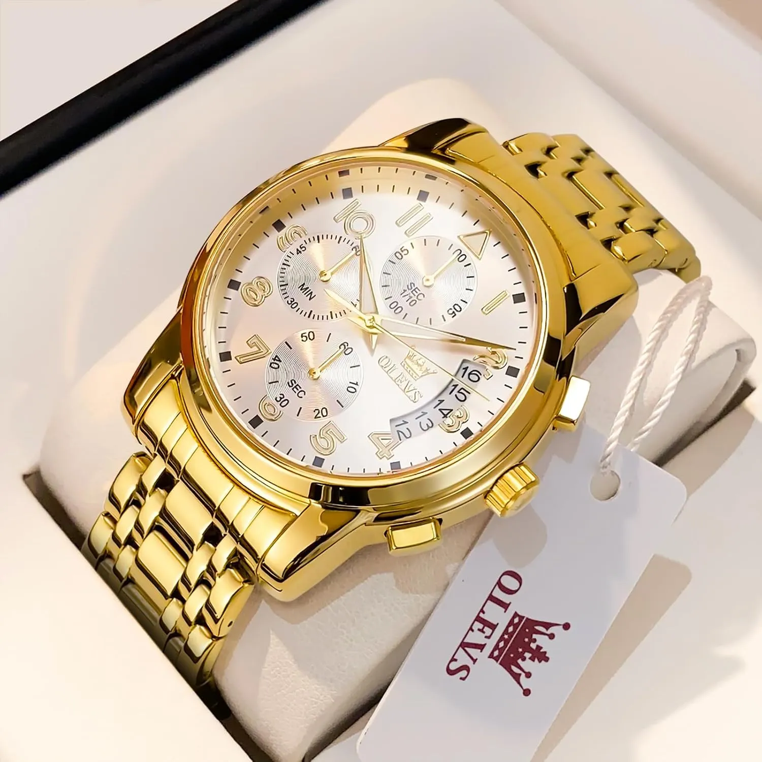 OLEVS Men's Watch, Multifunction Stainless Steel Mens Chronograph Watch with Date, Easy to Read Diamonds Arabic Numerals Dress Watches for Men, Classic Waterproof Luminous Analog Quartz Male Watch