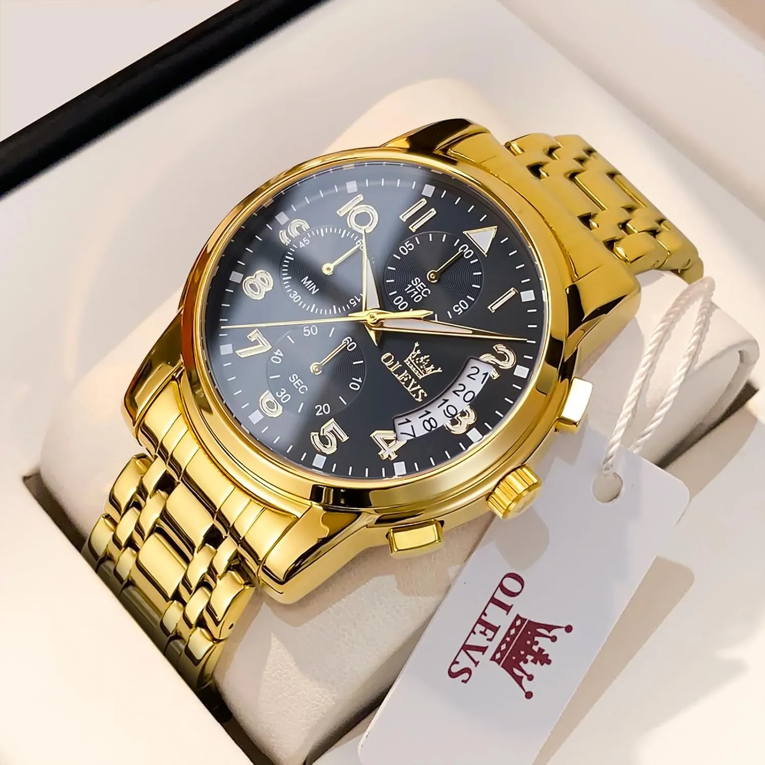 OLEVS Men's Watch, Multifunction Stainless Steel Mens Chronograph Watch with Date, Easy to Read Diamonds Arabic Numerals Dress Watches for Men, Classic Waterproof Luminous Analog Quartz Male Watch