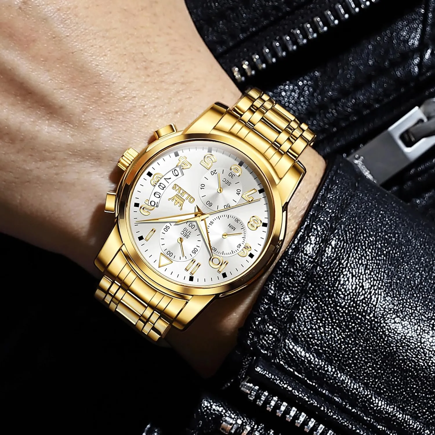 OLEVS Men's Watch, Multifunction Stainless Steel Mens Chronograph Watch with Date, Easy to Read Diamonds Arabic Numerals Dress Watches for Men, Classic Waterproof Luminous Analog Quartz Male Watch