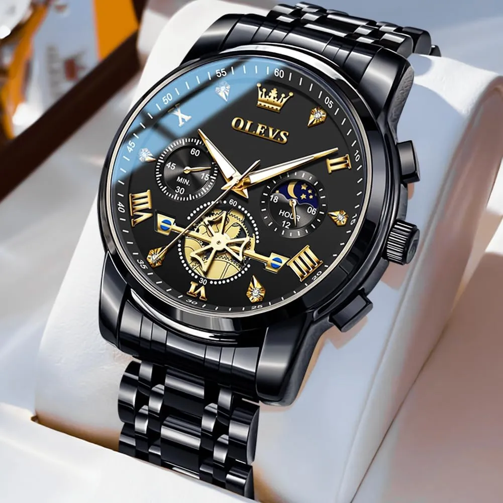OLEVS Mens Watches Luxury Business Stainless Steel Chronograph Moon Phase Waterproof Date Analog Quartz Dress Watches for Men,Silver/Blue/Black/Gold Dial