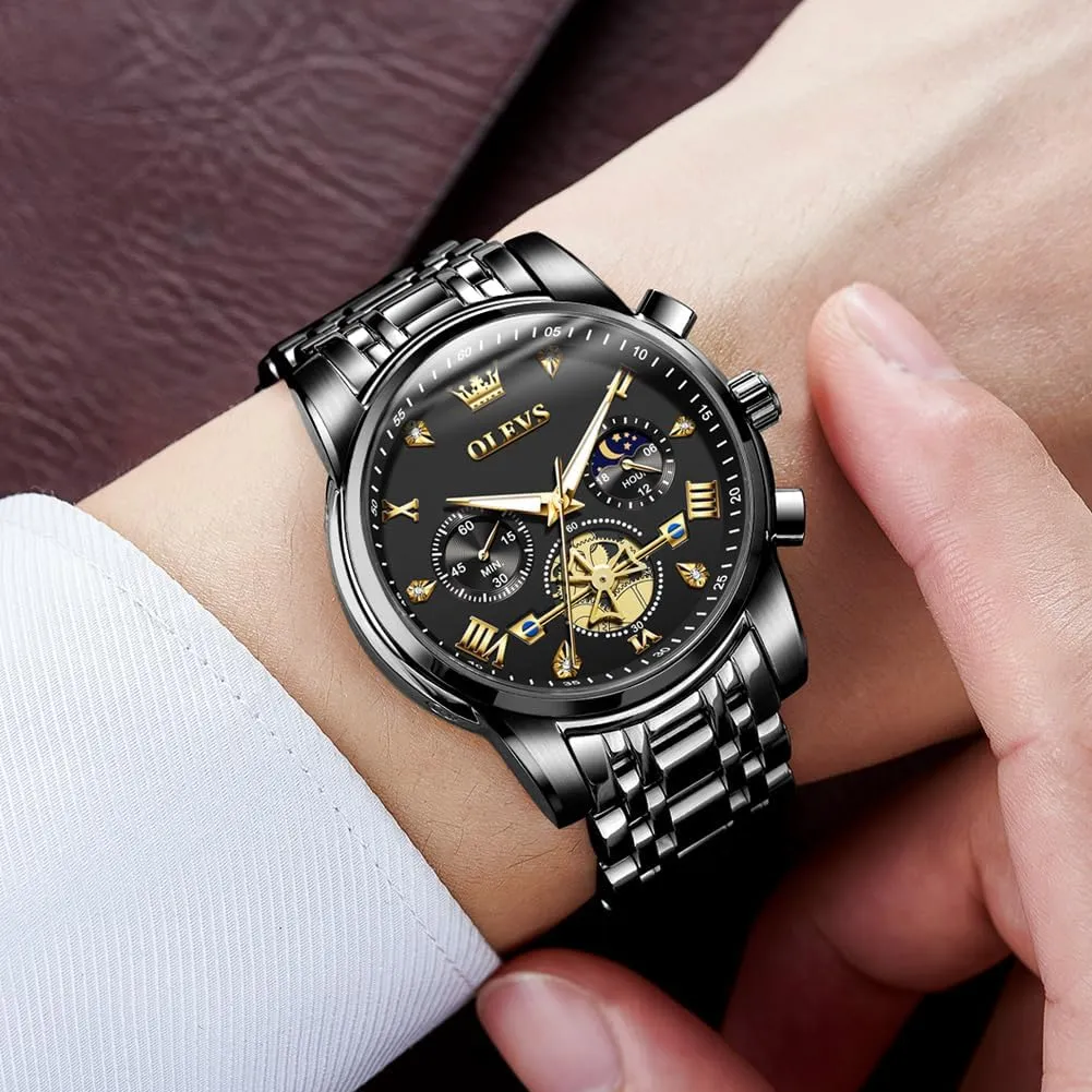 OLEVS Mens Watches Luxury Business Stainless Steel Chronograph Moon Phase Waterproof Date Analog Quartz Dress Watches for Men,Silver/Blue/Black/Gold Dial