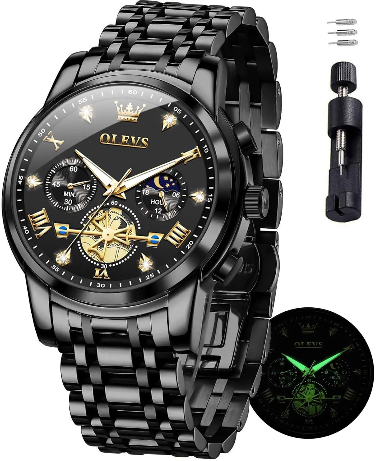 OLEVS Mens Watches Luxury Business Stainless Steel Chronograph Moon Phase Waterproof Date Analog Quartz Dress Watches for Men,Silver/Blue/Black/Gold Dial