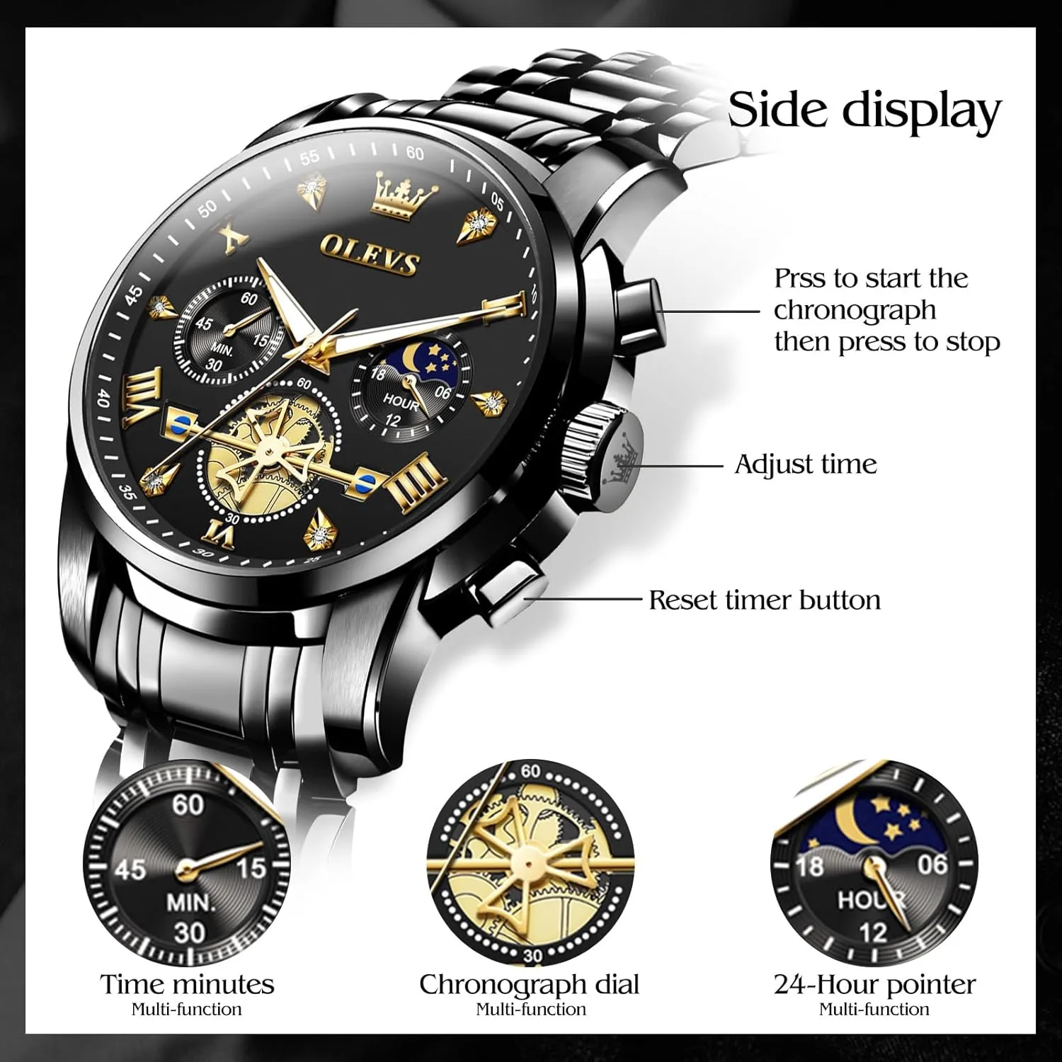 OLEVS Mens Watches Luxury Business Stainless Steel Chronograph Moon Phase Waterproof Date Analog Quartz Dress Watches for Men,Silver/Blue/Black/Gold Dial