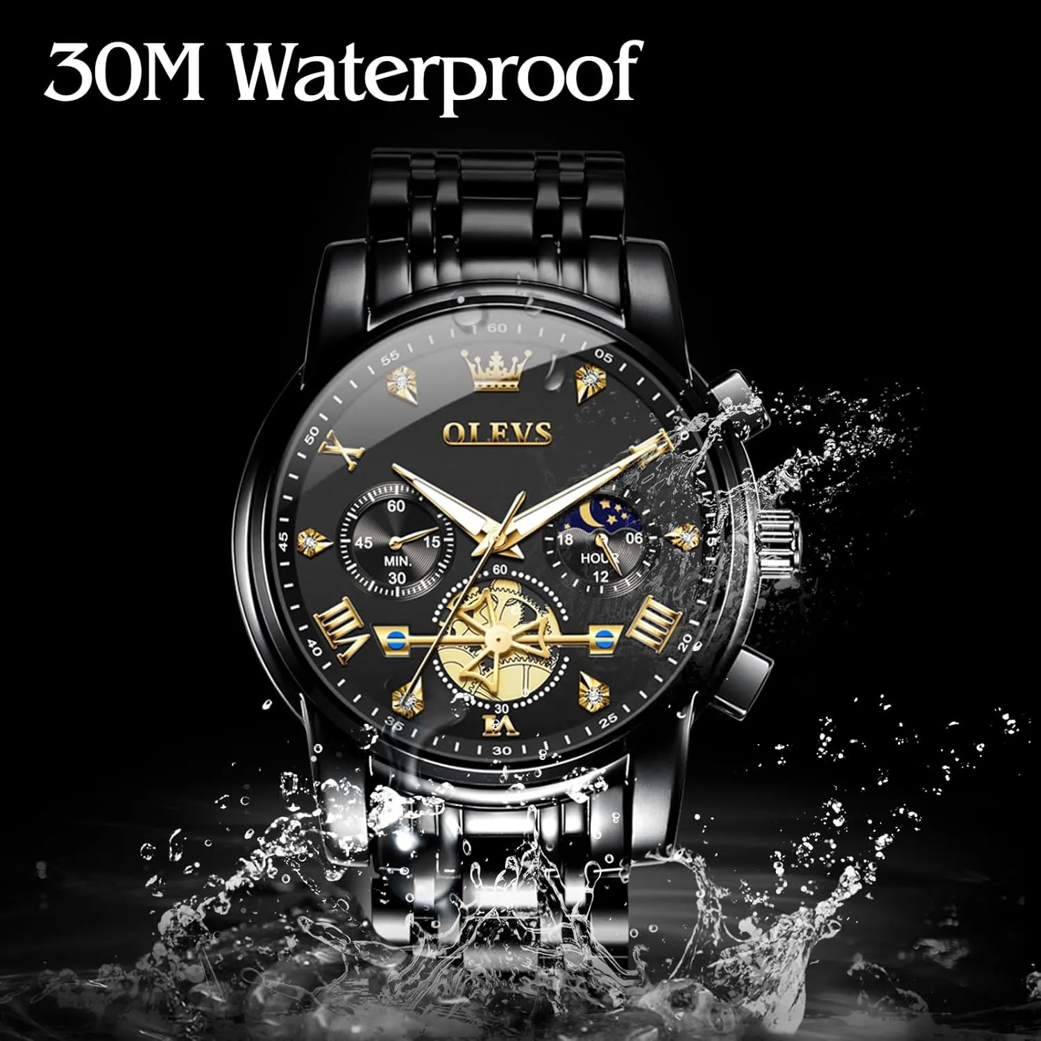 OLEVS Mens Watches Luxury Business Stainless Steel Chronograph Moon Phase Waterproof Date Analog Quartz Dress Watches for Men,Silver/Blue/Black/Gold Dial