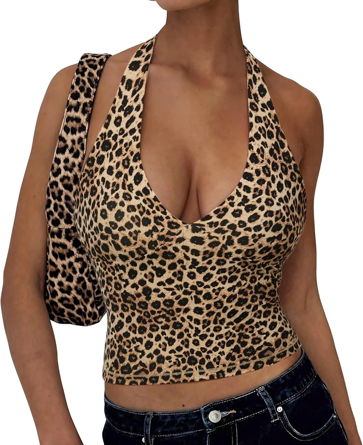 OMKAGI Womens Tank Tops Sexy Halter V Neck Going Out Tops Sleeveless Y2K Crop Top