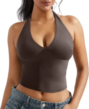 OMKAGI Womens Tank Tops Sexy Halter V Neck Going Out Tops Sleeveless Y2K Crop Top