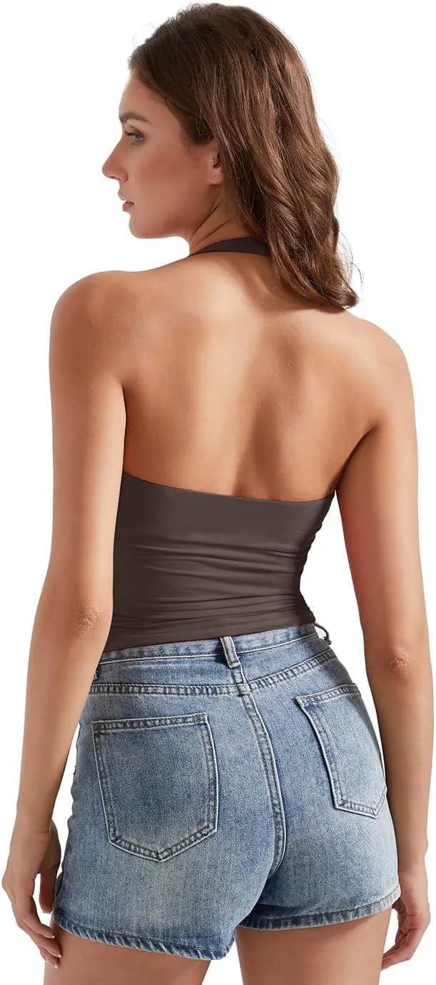 OMKAGI Womens Tank Tops Sexy Halter V Neck Going Out Tops Sleeveless Y2K Crop Top