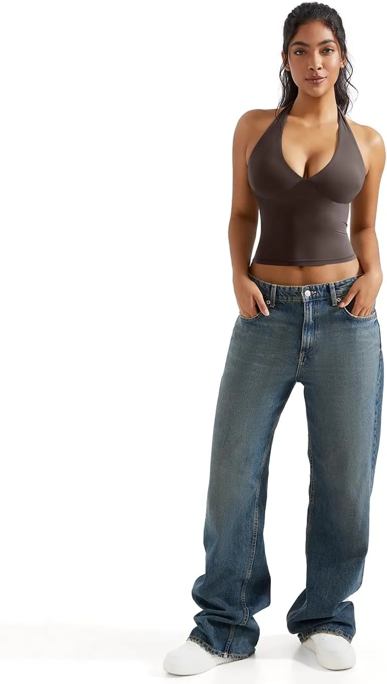 OMKAGI Womens Tank Tops Sexy Halter V Neck Going Out Tops Sleeveless Y2K Crop Top