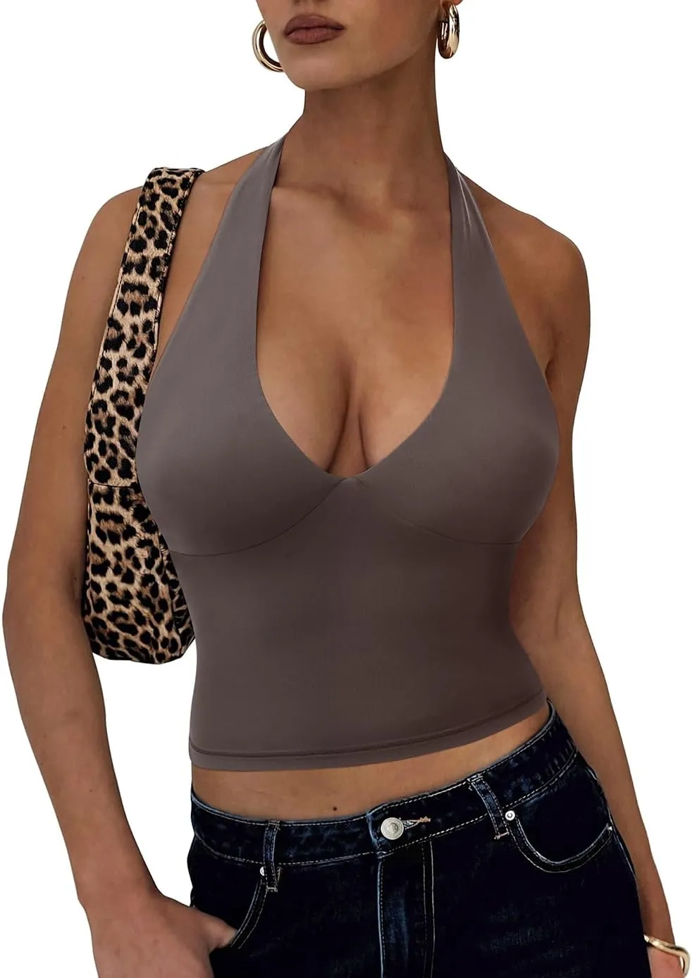 OMKAGI Womens Tank Tops Sexy Halter V Neck Going Out Tops Sleeveless Y2K Crop Top