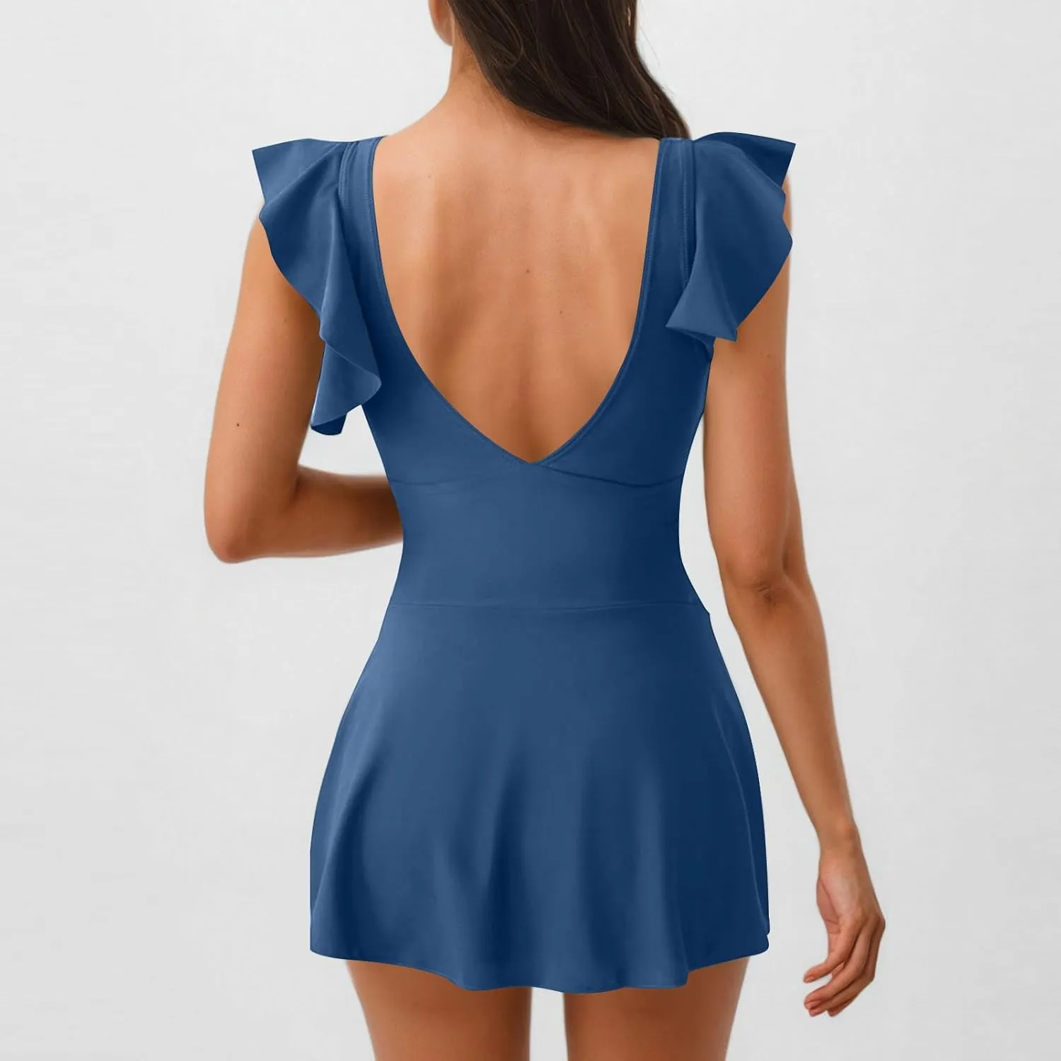 One Piece Swimdress Tummy Control Ruffle Swimsuit for Women Tie Knot Swim Dresses Deep V Neck Bathing Suit Skirt
