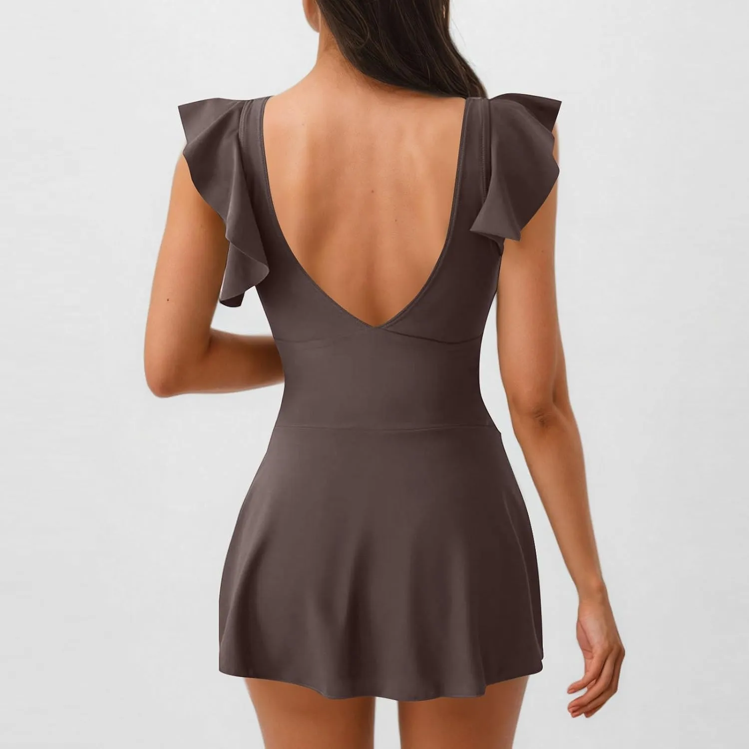 One Piece Swimdress Tummy Control Ruffle Swimsuit for Women Tie Knot Swim Dresses Deep V Neck Bathing Suit Skirt