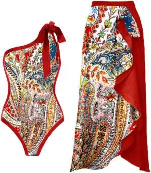 One Swimsuits for Women Floral Swimwear with Long Skirt Sarongs Tankini Bathing Suit Vacation Beachwear Bikini Set