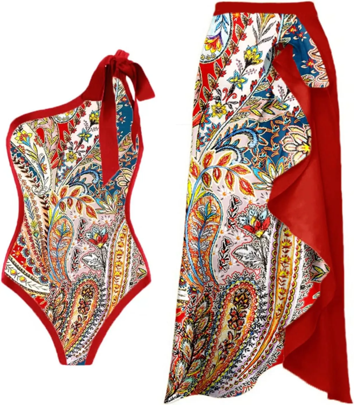 One Swimsuits for Women Floral Swimwear with Long Skirt Sarongs Tankini Bathing Suit Vacation Beachwear Bikini Set
