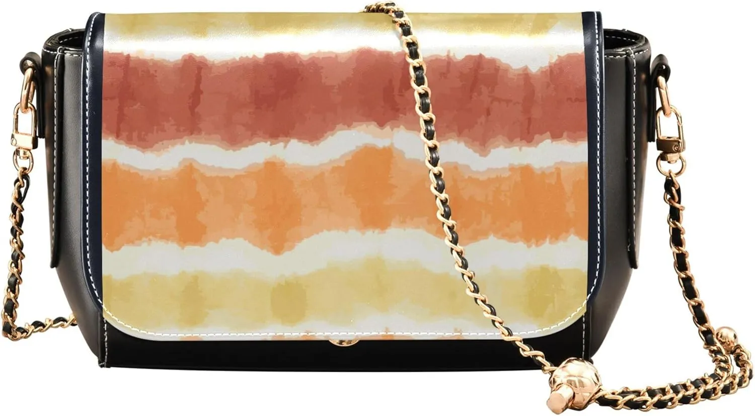 Orange Yellow Tie Dye Stripes PU Leather Shoulder Bag Black Women Crossbody Purse Phone Satchel with Chain Strap