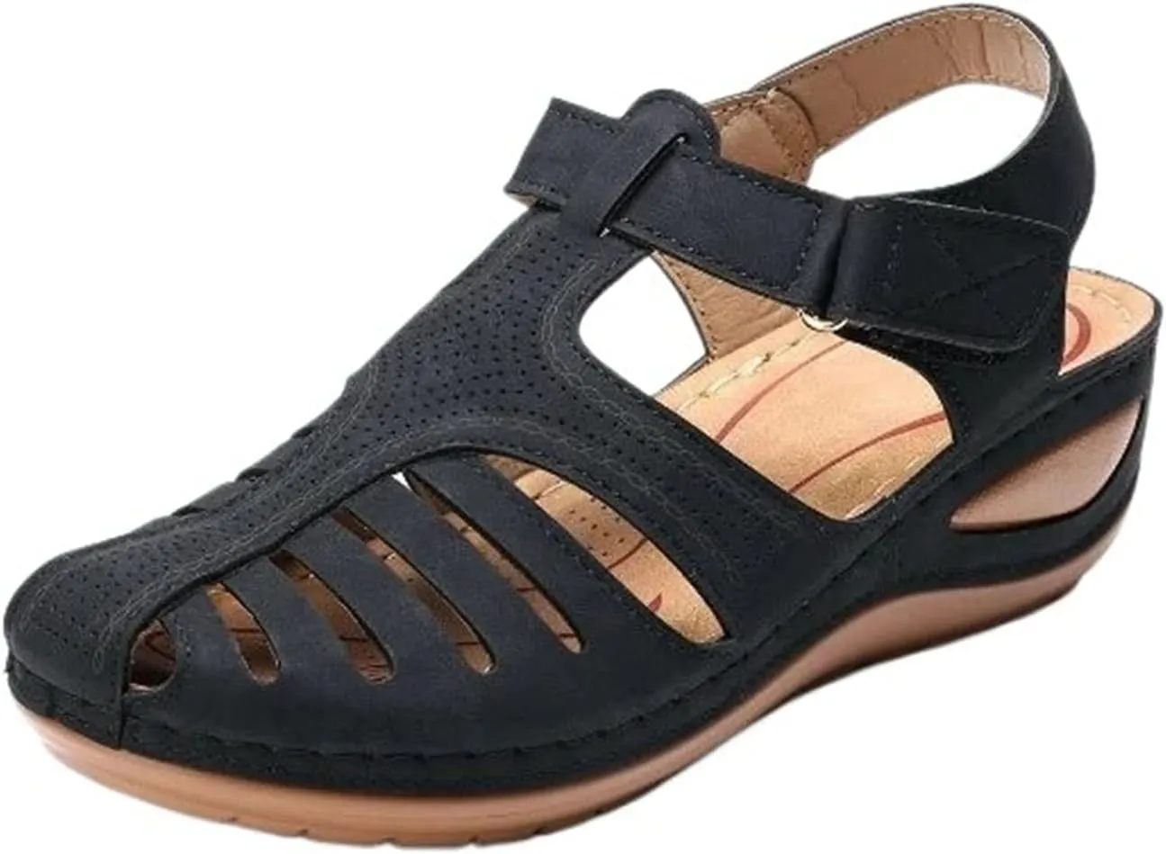 Orthopedic Sandals for Women with Arch Support Summer Ankle Strap Non-Slip Hollow Out Wedge Sandal Comfortable Closed Toe Sandals Casual Bohemia Gladiator Outdoor Wedges Slip On Walking Shoes