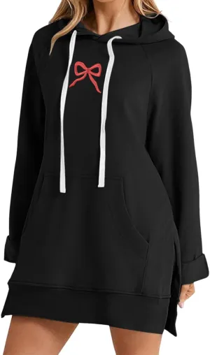Oversized Hoodie Dress for Women Casual Drawstring Long Sweatshirt with Pocket Bow love Graphic Print Split Hem Shirt