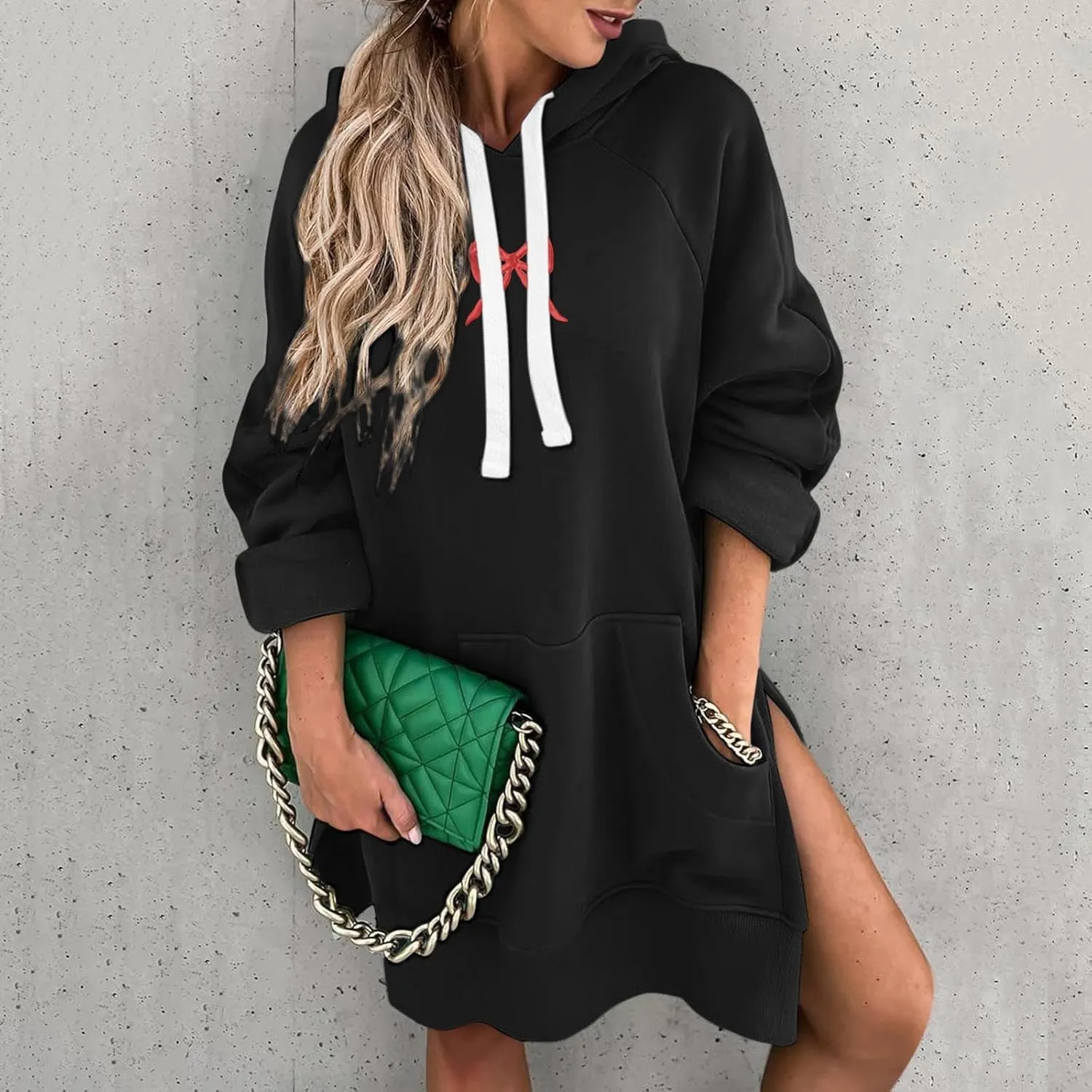 Oversized Hoodie Dress for Women Casual Drawstring Long Sweatshirt with Pocket Bow love Graphic Print Split Hem Shirt