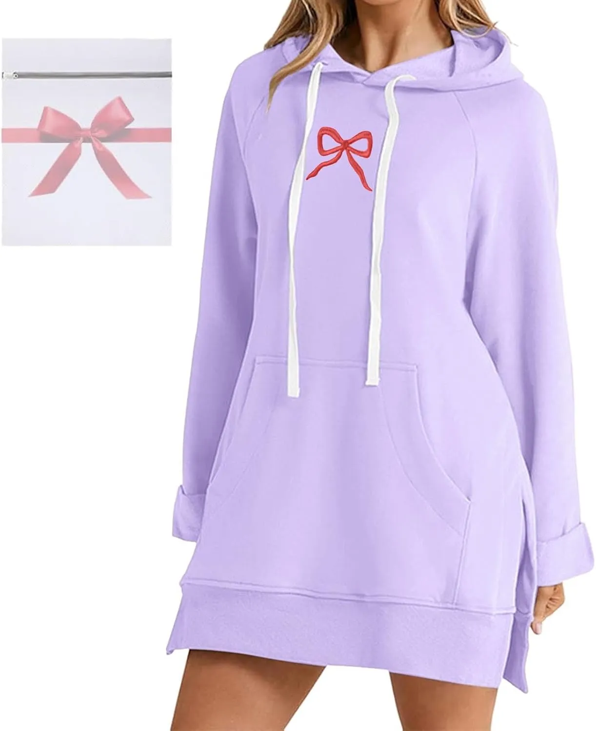 Oversized Hoodie Dress for Women Casual Drawstring Long Sweatshirt with Pocket Bow love Graphic Print Split Hem Shirt