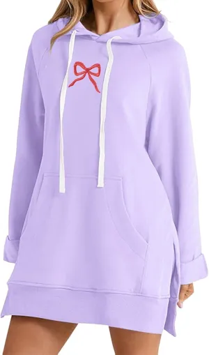 Oversized Hoodie Dress for Women Casual Drawstring Long Sweatshirt with Pocket Bow love Graphic Print Split Hem Shirt