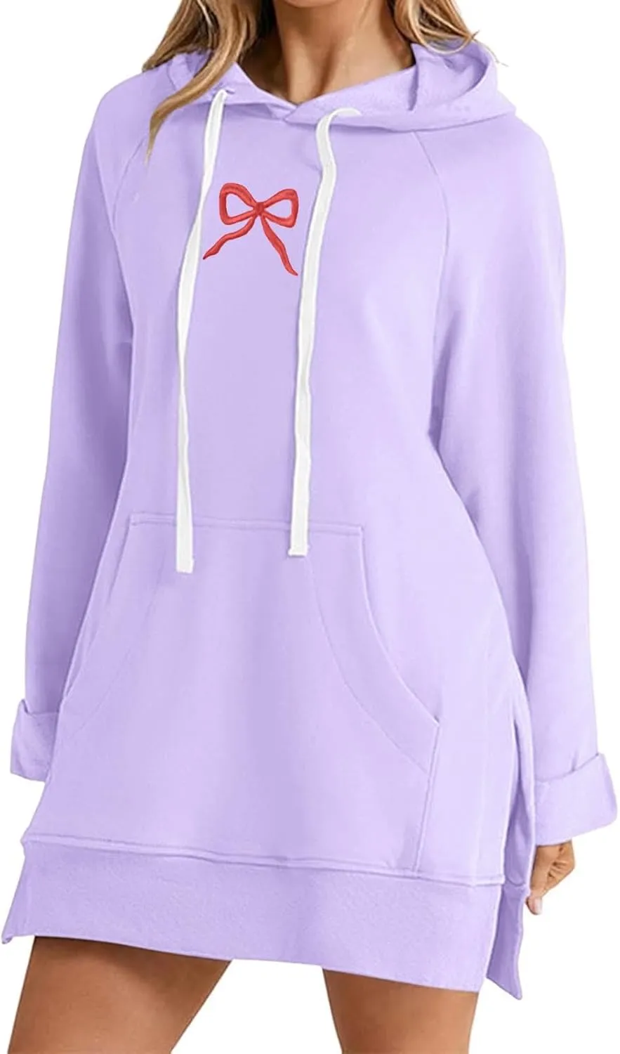 Oversized Hoodie Dress for Women Casual Drawstring Long Sweatshirt with Pocket Bow love Graphic Print Split Hem Shirt