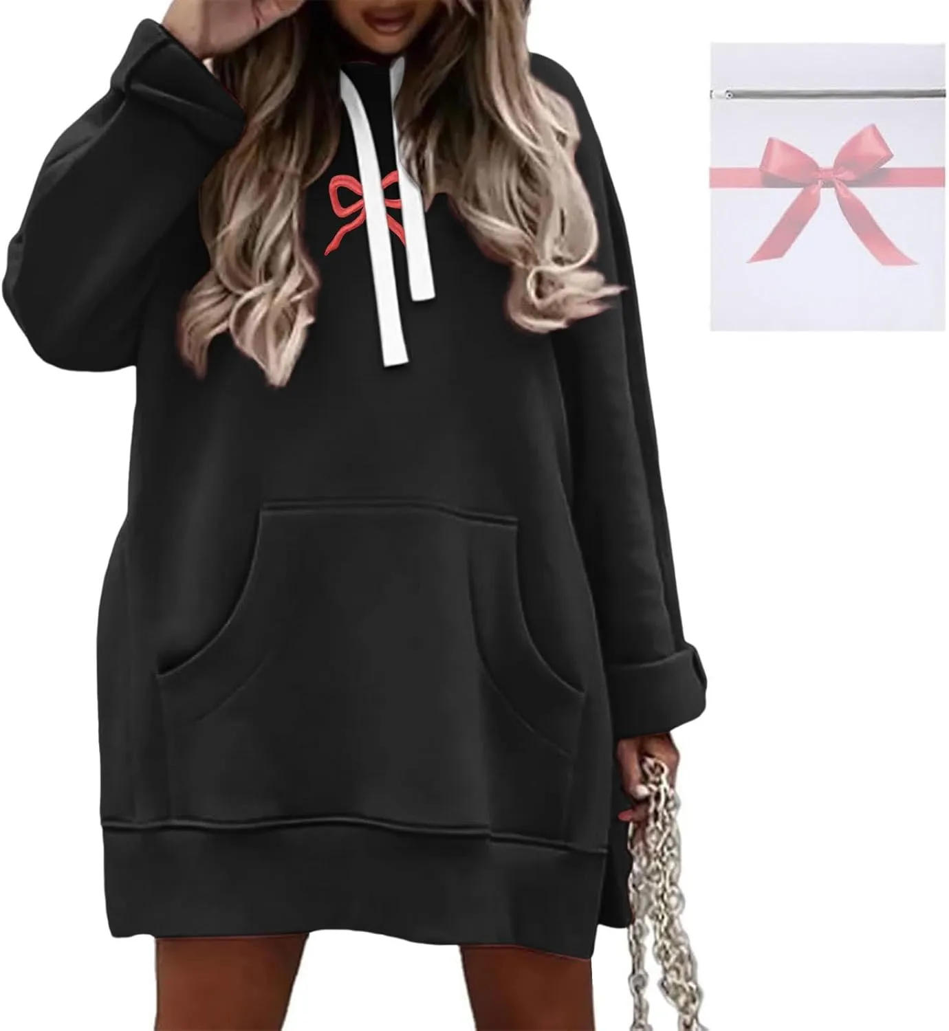 Oversized Hoodie Dress for Women Casual Drawstring Long Sweatshirt with Pocket Bow love Graphic Print Split Hem Shirt