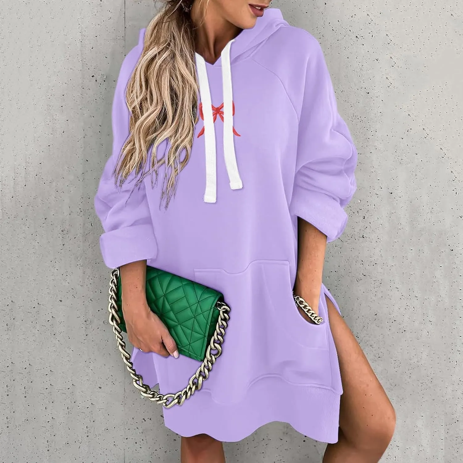 Oversized Hoodie Dress for Women Casual Drawstring Long Sweatshirt with Pocket Bow love Graphic Print Split Hem Shirt