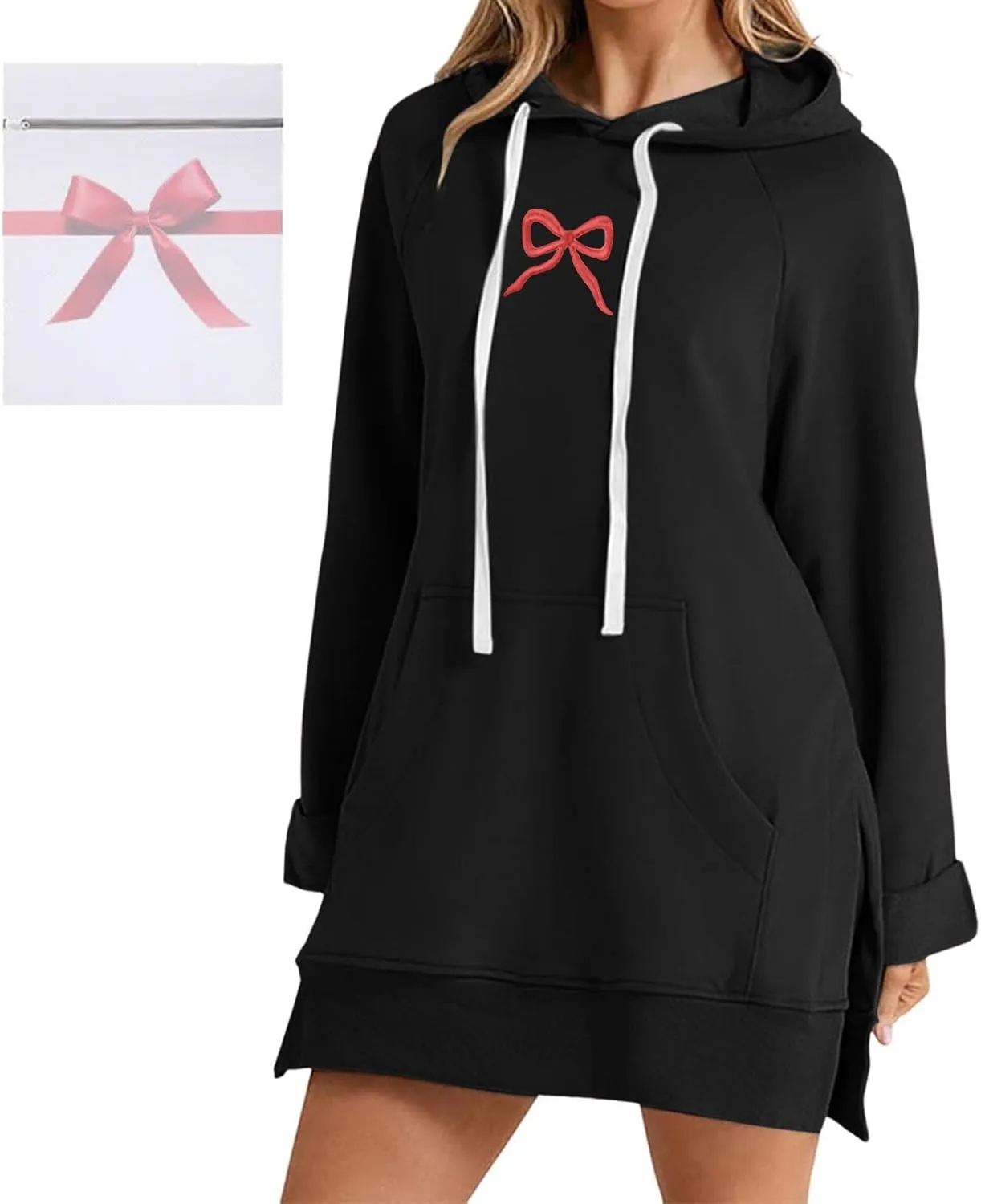 Oversized Hoodie Dress for Women Casual Drawstring Long Sweatshirt with Pocket Bow love Graphic Print Split Hem Shirt