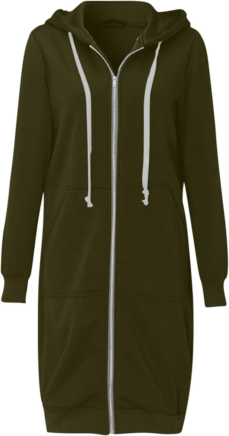 Oversized Hoodies for Women Zip Up Knee Length Tunic Sweatshirts Casual Long Sleeve Spring Hooded Jackets with Pocket