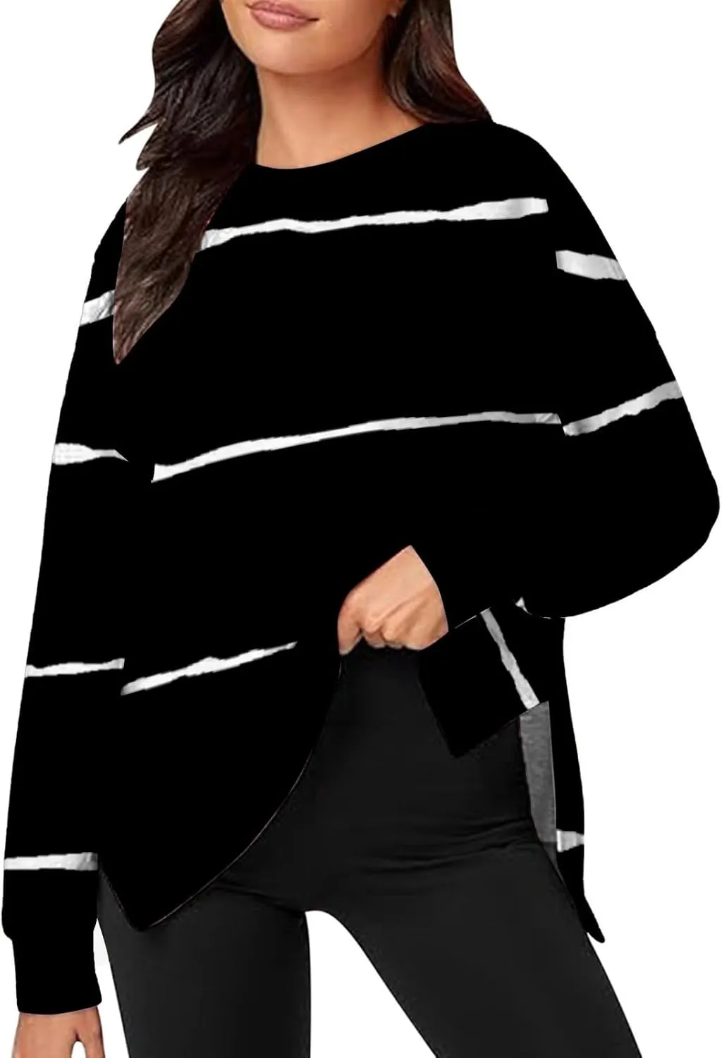 Oversized Striped Sweatshirts for Women Loose Side Slit High Low Hem Pullover Sweatshirts Autumn Casual Sports Hoodie